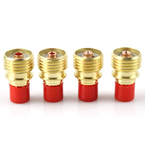 Close-up of 40 Piece TIG Torch Gas Lens Collet Bodies, brass with red base, for WP9 WP20 WP25 Welders, Sizes Four to Twelve