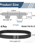 Diagram and side view of 4 Pack 104XL Timing Belt 0.37 In Width 0.20 In Pitch 52 Teeth Rubber Cogged Geared Drive Belt