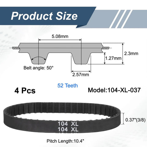 Diagram and side view of 4 Pack 104XL Timing Belt 0.37 In Width 0.20 In Pitch 52 Teeth Rubber Cogged Geared Drive Belt