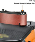 Heavy Duty Rugged 450W Electric Disc Sander And Belt Grinder With Broad Multi Angle Table showing belt adjustment knob.