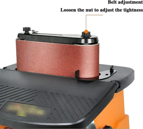 Heavy Duty Rugged 450W Electric Disc Sander And Belt Grinder With Broad Multi Angle Table showing belt adjustment knob.