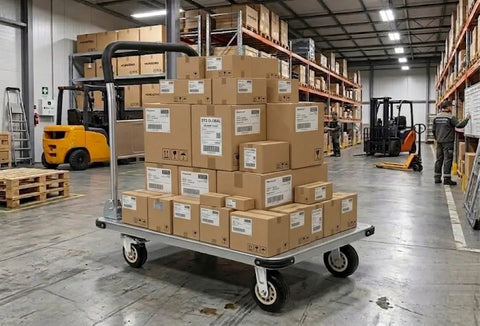 2600 Pound Capacity Steel Platform Cart With 43 By 26 Inch Flatbed Heavy Duty Industrial Moving Dolly With 6 Inch Fixed And Swivel Brake Wheels A Real Warehouse Workhorse For Inventory Tools And Equipment, loaded with boxes in a warehouse