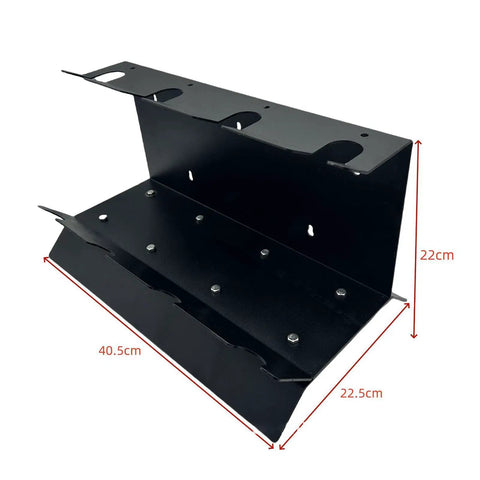 Heavy Duty Metal Paint Sprayer Stand Featuring Four Secure Tool Racks Built For Shop Crews Seeking Rock Solid Stability To Hold Spray Guns And Detailing Gear Safely While Cranking Out Garage Jobs Daily, showcasing black steel construction and dimensions.