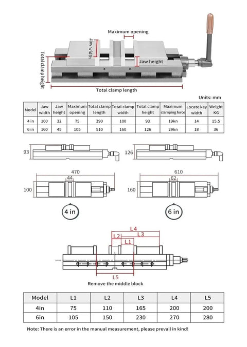 Diagram showing dimensions and specifications of Rock Solid Six Inch Heavy Duty Angle Vise Crafted From Thick Cast Iron Milling Machine Bench Vise.