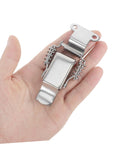 Hand holding Two Pairs Stainless Steel Spring Latch Kit Right Angle Hasps Toggle Lock Buckle For Tool Box And Storage