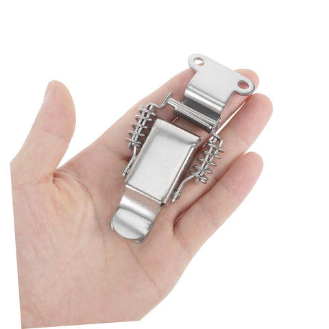 Hand holding Two Pairs Stainless Steel Spring Latch Kit Right Angle Hasps Toggle Lock Buckle For Tool Box And Storage