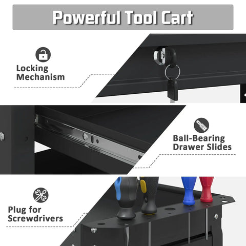 Close-up of Three Tier Rolling Tool Cart With Drawers, 400 Lb Capacity Heavy Duty Utility Cart On Wheels With Pegboard.