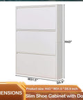 Slim 3 Flip Drawer Shoe Storage Cabinet, Hidden Narrow Wall Mount Metal Shoe Rack For Entryway, White, dimensions labeled