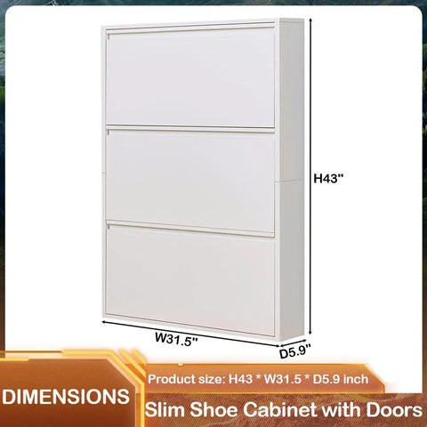 Slim 3 Flip Drawer Shoe Storage Cabinet, Hidden Narrow Wall Mount Metal Shoe Rack For Entryway, White, dimensions labeled