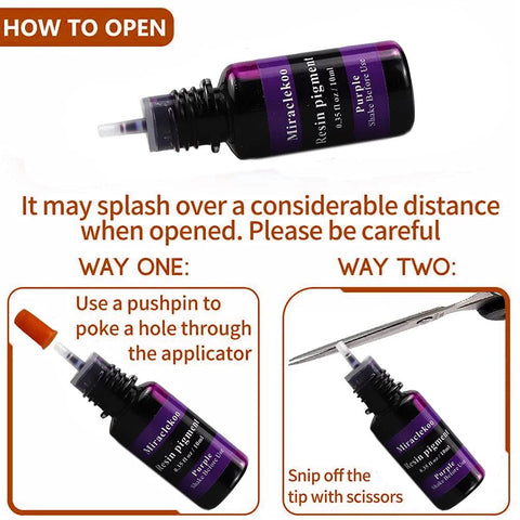 Epoxy resin pigment bottle, 10ml, purple translucent color; part of a 12-color set with how-to-open instructions