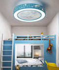 20.5 Inch Drum LED Ceiling Fan Light With 7 Blades Blue For Kid's Room, Modern Acrylic Flush Mount above a bunk bed.