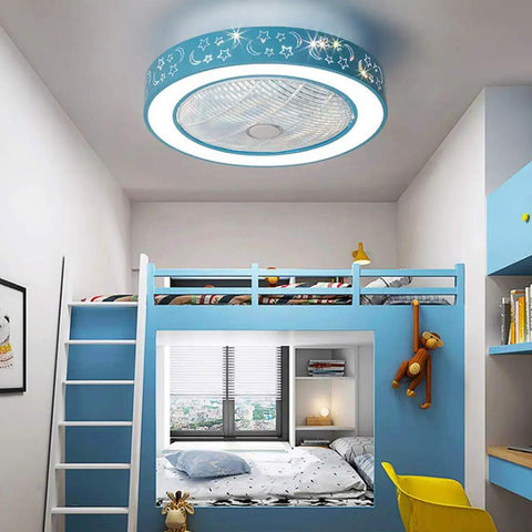 20.5 Inch Drum LED Ceiling Fan Light With 7 Blades Blue For Kid's Room, Modern Acrylic Flush Mount above a bunk bed.
