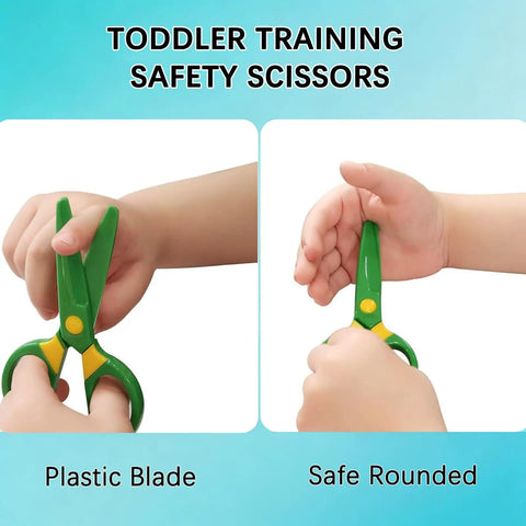 Child using 3 Pack Toddler Safety Scissors Kit with child-safe green scissors with plastic blade and rounded tips.