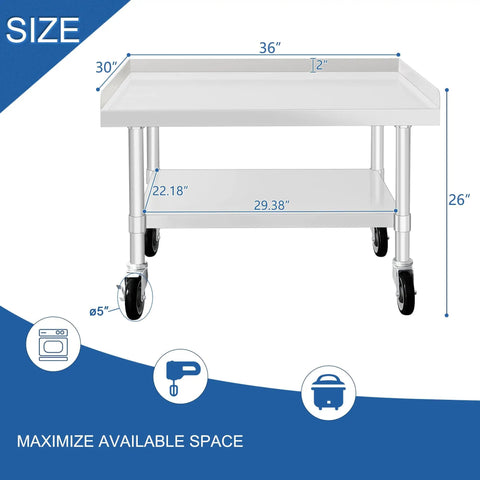 Front view of Stainless Steel Equipment Stand 30 by 36 inches with under shelf and casters for commercial kitchens.