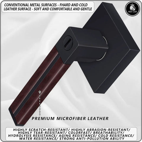 Six Pack Leather Wrapped Interior Door Handles With Keyless Privacy Lock Matte Black Lever Set, Soft Brown Leather Grip