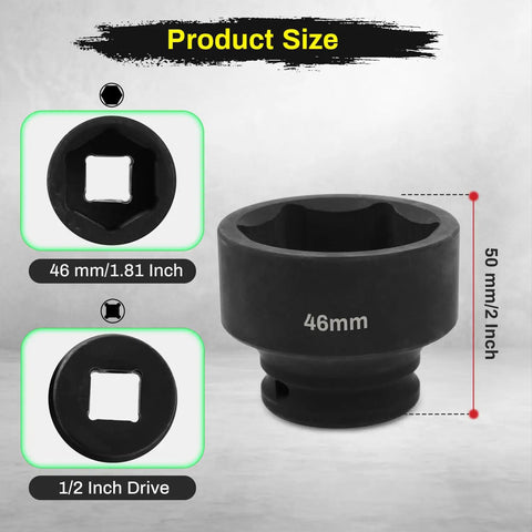 Heavy Duty 1/2 Inch Drive 46Mm Deep Impact Socket For 6 Point Axle Nut And Wheel Hub Nut Removal, CR MO Steel, Metric Heavy Duty Tool Built For High Torque Auto Work And Industrial Use. Image showing dimensions and design details of socket.
