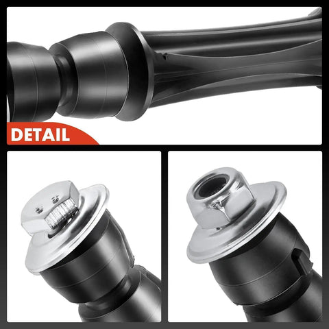 Front Sway Bar Link Stabilizer For Chevy Avalanche Silverado Suburban Tahoe And Cadillac Escalade SUVs Durable Suspension Upgrade With Easy Install Replaces Worn Links For A Smoother Ride And Reduced Body Roll., close-up of black sway bar link with silver end fitting