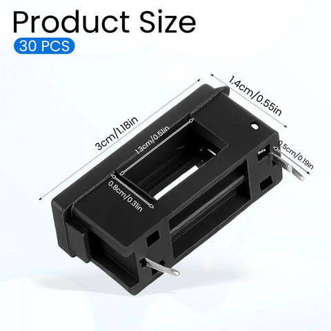 30 Pack 5 X 20 mm PCB Fuse Holder Kit Black Plastic Mount with Cover showing dimensions and structural details