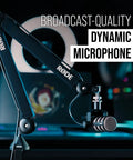 PodMic Cardioid Dynamic Broadcast Microphone With XLR Output on boom arm in studio setup