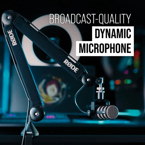 PodMic Cardioid Dynamic Broadcast Microphone With XLR Output on boom arm in studio setup