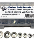 Marine Bolt Supply stainless steel neoprene-bonded sealing washer kit in plastic case; includes sizes #6 to 1/2 inch