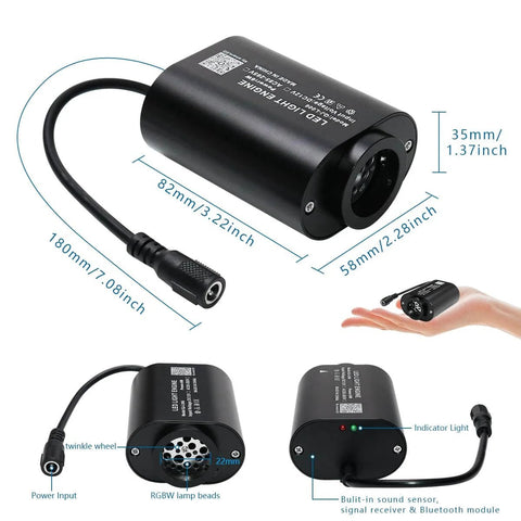 Mini 6W RGBW Fiber Optic Star Ceiling Kit with music activated twinkle lights, showing engine dimensions and components