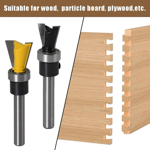Top Tier Four Piece Dovetail Router Bit Set Featuring Precision Bearing Guides For Cabinetry And Fine Woodworking with two bits.