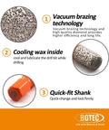 Dry Diamond Drill Bits Set, 10-Piece, 1/4 Inch Shank with vacuum brazing technology, cooling wax, and quick-fit shank for wet or dry drilling.