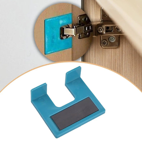 Cabinet Hinge Jig Quick Install Tool For Precise Door Alignment And Jamb Setup, blue PP hinge tool on cabinet door.