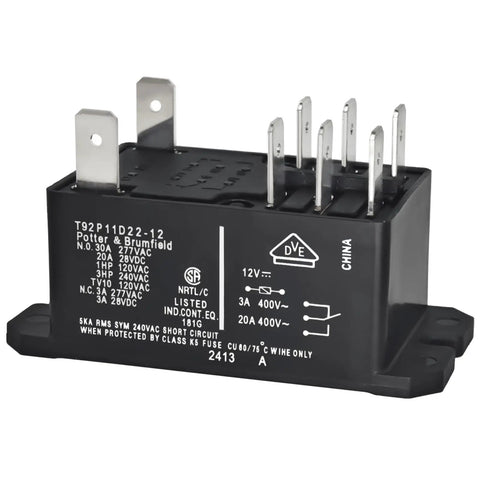 Two Pack DPDT Power Relay 12V DC Coil Beefy 30A 120 277VAC General Purpose Relay with multiple connectors for industrial use.