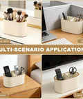 PU Leather Desk Organizer Caddy With Two Compartments Remote Control Holder Pencil Cup Makeup Brush Holders on different surfaces