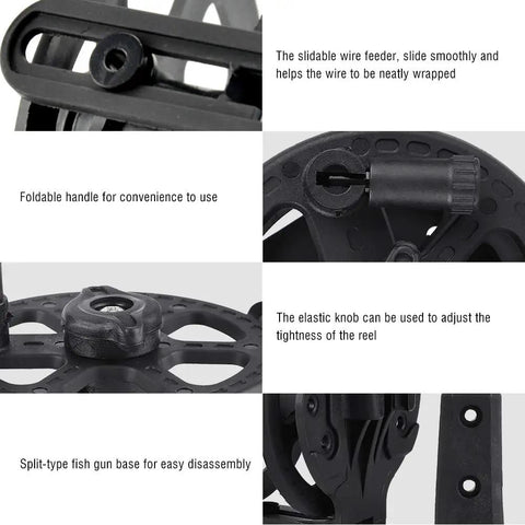 Close-up of split type wire reel for spearfishing gun with foldable handle, adjustable knob, lightweight nylon, wooden body fits