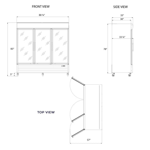Eighty Inch Bulletproof Build Three Door Glass Merchandiser Refrigerator With Bright Led Lighting and ETL Certified Stainless Steel Exterior design specifications.
