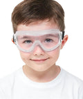Child wearing Kids Safety Goggles Anti Fog Wide Vision Lab Glasses Protective Eye Gear For Ages 3 To 19 And Adults White Frame