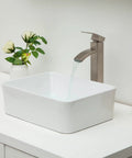 Rectangular White Vessel Sink 16 By 12 Inch Modern Above Counter Porcelain Ceramic Vanity Basin For Home Bathroom Remodel Easy To Clean Non Porous Glaze Durable Sleek Contemporary Countertop Sink with water flowing from faucet on countertop