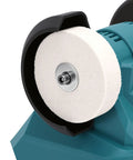 Close-up view of Hamwesh 5500Rpm Mini Bench Grinder Dual Wheels Polishing Machine white polishing wheel and metal guard.