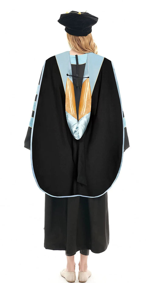 Sky Blue Doctoral Graduation Gown Set With Black Tam And Gold Hood, Dope Matte Polyester Regalia, 8 Sided Hood Design Back View