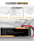 14.8V 3300mAh LiPo 4S Battery Pack 50C with T Plug for RC helicopter, shown with packaging, instructions, and AB buckle details