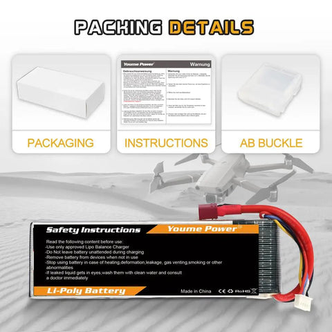 14.8V 3300mAh LiPo 4S Battery Pack 50C with T Plug for RC helicopter, shown with packaging, instructions, and AB buckle details