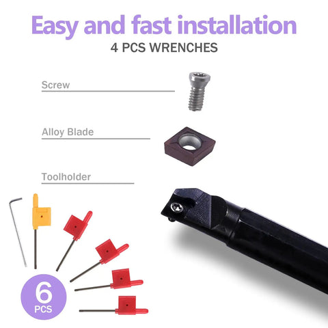 Indexable Lathe Internal Boring Bar Kit With Five Tool Holders And Ten CCMT21 51 Carbide Inserts For S06K S07K S08K S10K S12M SCLCR06 shown with components and wrenches