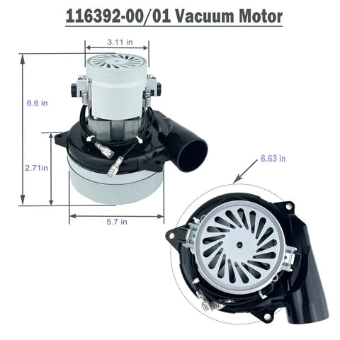 Beefy 120V Central Vacuum Motor Replacement, 2 Stage, 1100W, 97CFM, 5.7 Inch Diameter, Heavy Duty Industrial Grade, dimensions illustration