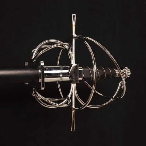 Close-up of Italian-style guard on Renaissance Spiral Swept-Hilt Rapier Sword For Cosplay And Collection with scabbard