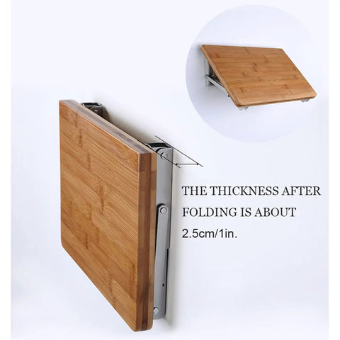 Heavy Duty Folding Shelf Brackets For Wall Mounted Console Tables Rust Resistant Stainless Steel with bamboo top, folded position.