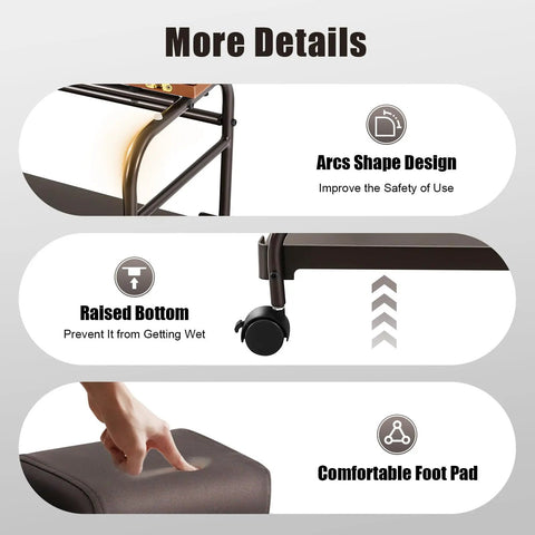 Top Shelf Foldable Two Tier Foot Bath Trolley With Smooth Swivel Casters And Integrated Manicure Station design features including arcs shape, raised bottom, and comfortable foot pad.