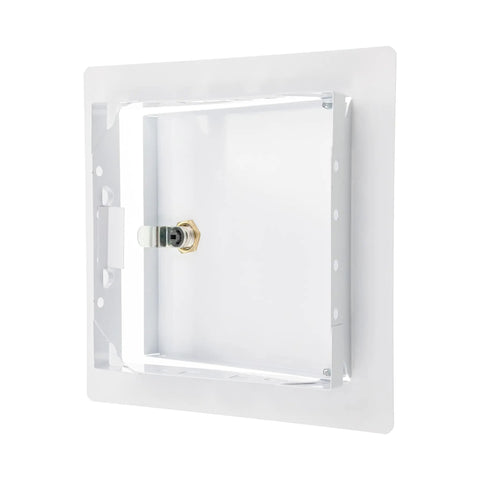 Top Shelf 6X6 Inch White Metal Lockable Wall Access Panel featuring smooth swing door and heavy duty key for easy access.