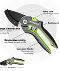Anvil Pruning Shears 8-Inch Heavy Duty Gardening Hand Pruner With SK5 Steel Sharp Blades, ergonomic green handle, safety lock, labeled diagram