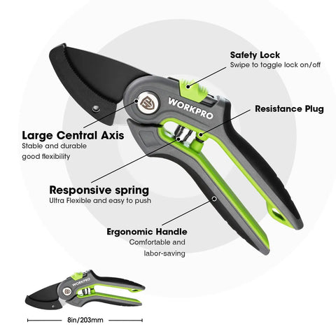 Anvil Pruning Shears 8-Inch Heavy Duty Gardening Hand Pruner With SK5 Steel Sharp Blades, ergonomic green handle, safety lock, labeled diagram