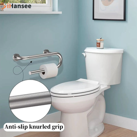 Built Tough 16 Inch Toilet Grab Bar Featuring Hefty Knurled Grip And Convenient Towel Hook For Senior Bathroom Safety And Dependable Standing Support Rust Resistant Stainless Steel Handrail next to toilet.