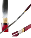 Close-up of Burgundy Red Shirasaya Samurai Katana Dope Hand Honed High Carbon Steel Razor Sharp 27 Inch Blade with red wood scabbard.