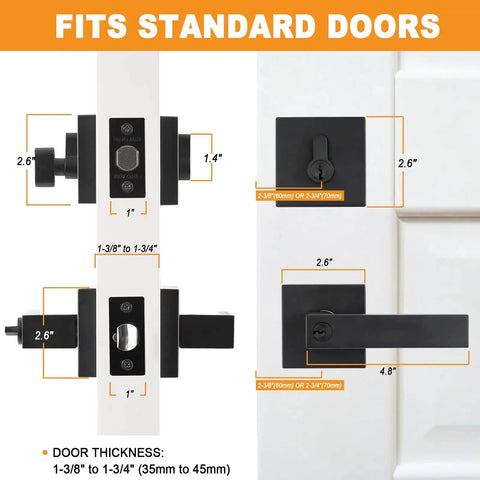 Diagram of matte black front door lock set heavy duty handle set with single cylinder deadbolt for standard doors.
